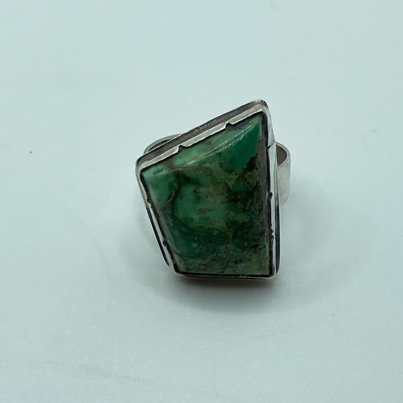 Vtg Navajo Sterling Green Turquoise Rustic Abstract Setting Ring Sz 8.25 - 8.5 - Picture 4 of 12